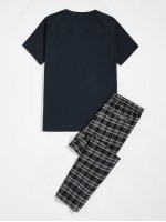 Men Raglan Sleeve Tee & Drawstring Waist Plaid Pants Set