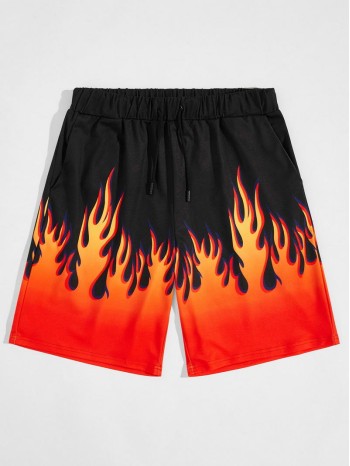 Men Fire Print Drawstring Shorts