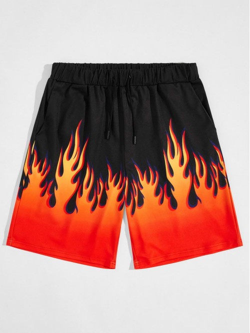 Men Fire Print Drawstring Shorts