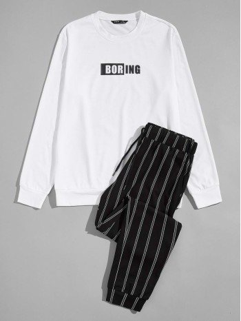 Men Letter Graphic Pullover & Striped Pants Set