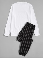 Men Letter Graphic Pullover & Striped Pants Set