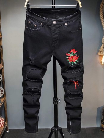 Men Floral Embroidery Raw Trim Zip Detail Jeans