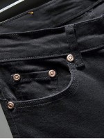 Men Floral Embroidery Raw Trim Zip Detail Jeans