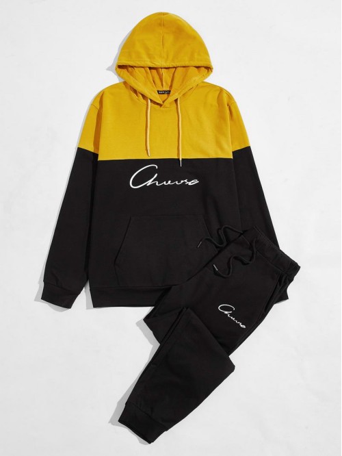 Men Letter Graphic Colorblock Hoodie and Joggers Set