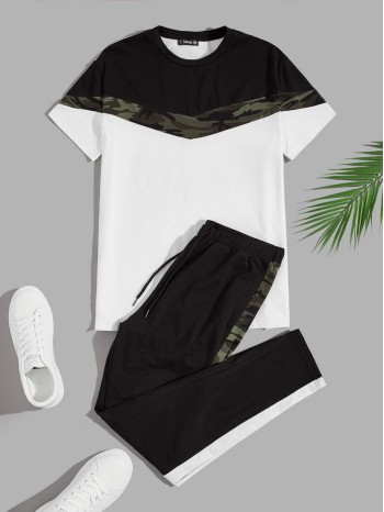 Men Color Block Camo Tee & Drawstring Sweatpants Set