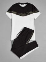 Men Color Block Camo Tee & Drawstring Sweatpants Set