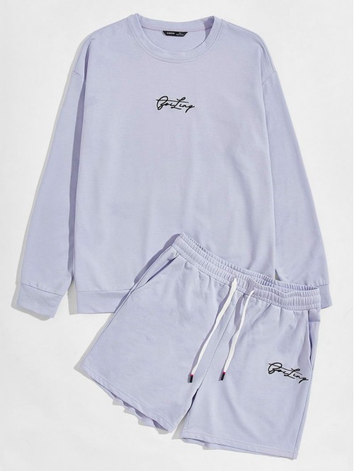 Men Letter Graphic Sweatshirt & Drawstring Shorts Set