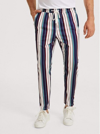 Men Drawstring Waist Slant Pocket Striped Trousers