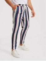 Men Drawstring Waist Slant Pocket Striped Trousers