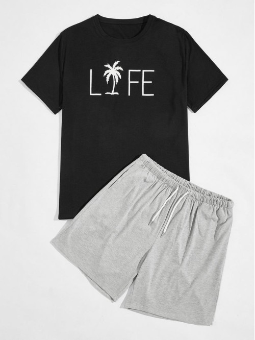 Men Tropical And Letter Graphic Tee And Shorts Set