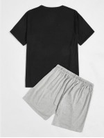 Men Tropical And Letter Graphic Tee And Shorts Set