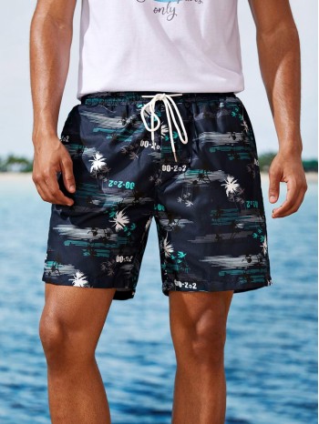 Men Tropical & Letter Graphic Swim Trunks