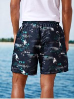 Men Tropical & Letter Graphic Swim Trunks