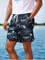 Men Tropical & Letter Graphic Swim Trunks