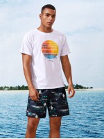 Men Tropical & Letter Graphic Swim Trunks