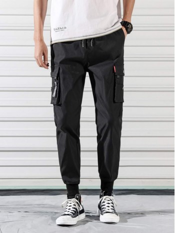 Men Letter Tape Flap Pocket Cargo Trousers