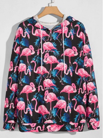 Men All Over Flamingo Print Drop Shoulder Drawstring Hoodie