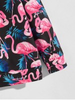 Men All Over Flamingo Print Drop Shoulder Drawstring Hoodie