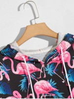 Men All Over Flamingo Print Drop Shoulder Drawstring Hoodie