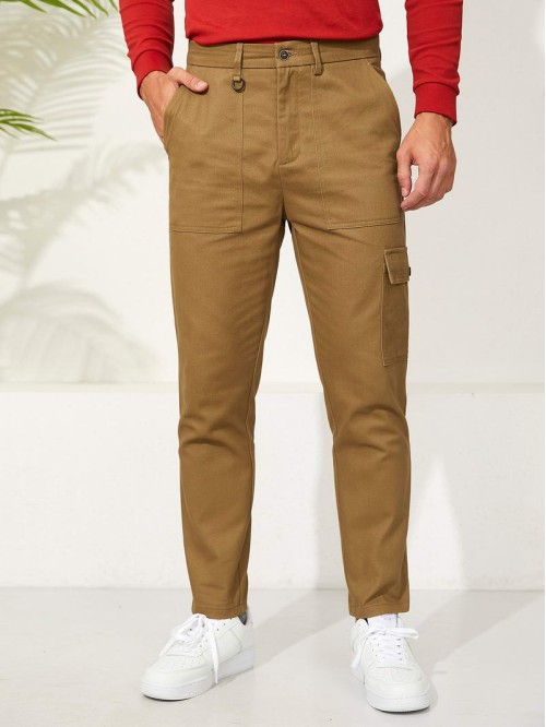 Men Slant Pocket Zipper Fly Straight Leg Pants