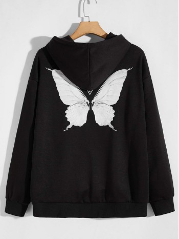 Men Butterfly Print Drawstring Hooded Sweatshirt