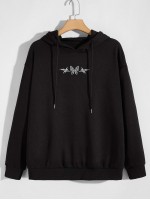 Men Butterfly Print Drawstring Hooded Sweatshirt