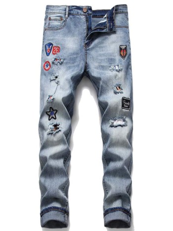 Men Embroidery Patched Ripped Jeans