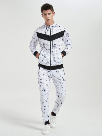 Men Marble Zip Up Hoodie & Sweatpants