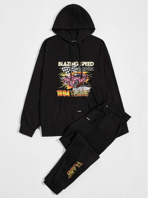 Men Letter & Car Print Hoodie and Sweatpants Set