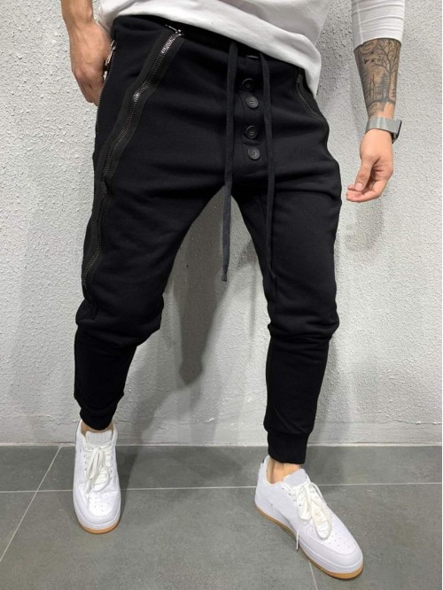 Men Zip & Button Detail Drawstring Sweatpants