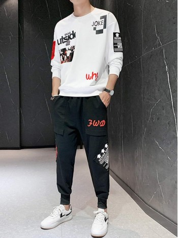 Men Letter Graphic Patched Sweatshirt & Sweatpants