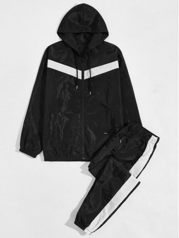 Men Colorblock Hooded Windbreaker Jacket & Sweatpants