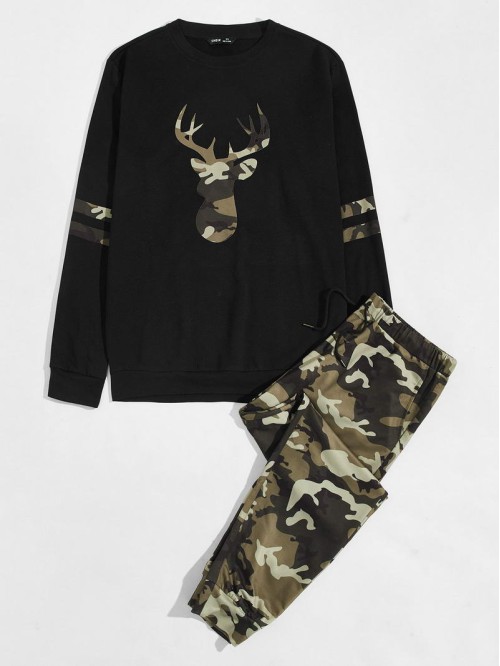 Men Camo Elk Print Pullover & Joggers Set