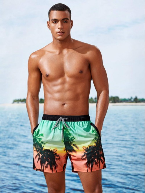 Men Tropical Print Drawstring Swim Trunks