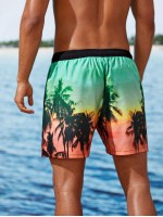 Men Tropical Print Drawstring Swim Trunks