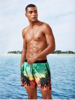 Men Tropical Print Drawstring Swim Trunks