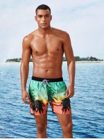 Men Tropical Print Drawstring Swim Trunks