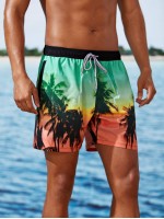 Men Tropical Print Drawstring Swim Trunks