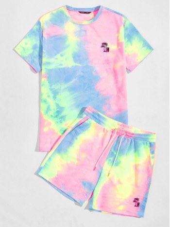 Men Tie Dye Tropical Embroidered Top & Shorts Set