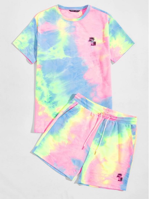 Men Tie Dye Tropical Embroidered Top & Shorts Set