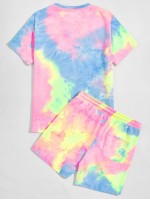 Men Tie Dye Tropical Embroidered Top & Shorts Set