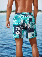 Men Tropical Ans Letter Patchwork Drawstring Swim Trunks