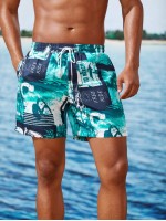 Men Tropical Ans Letter Patchwork Drawstring Swim Trunks