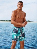 Men Tropical Ans Letter Patchwork Drawstring Swim Trunks