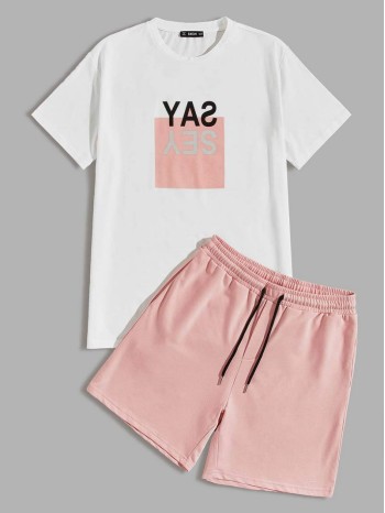 Men Slogan Graphic Tee & Drawstring Track Shorts Set