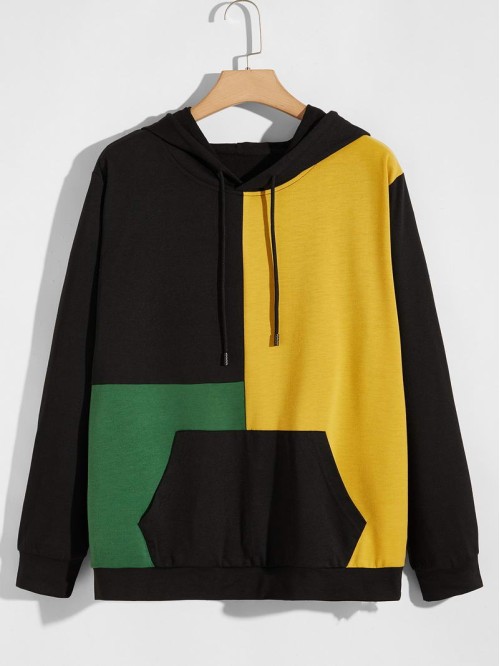 Men Cut And Sew Kangaroo Pocket Drawstring Hoodie