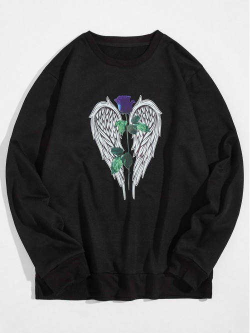 Men Wings & Rose Print Sweatshirt