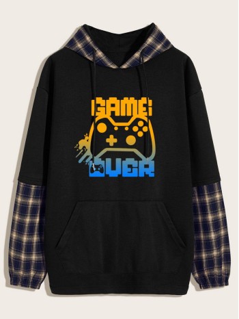 Men 2 In 1 Plaid Print Kangaroo Pocket Drawstring Hoodie