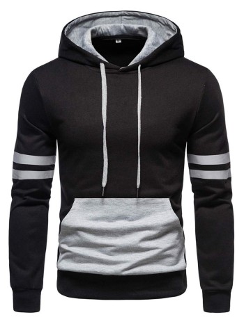 Men Varsity Striped Kangaroo Pocket Drawstring Hoodie