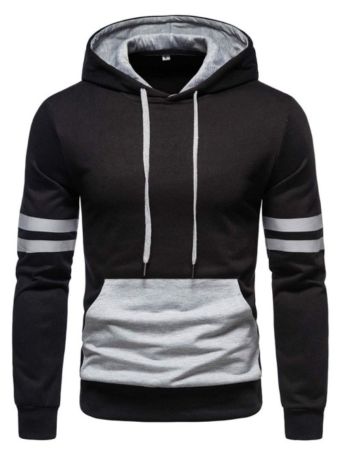 Men Varsity Striped Kangaroo Pocket Drawstring Hoodie